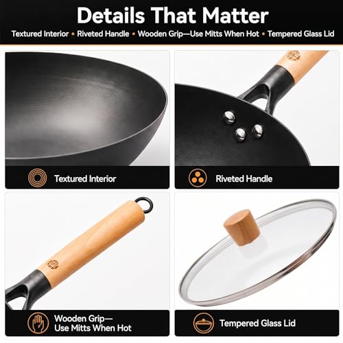12.6 Inch Carbon Steel Wok Pan with Glass Lid and Spatula (12.59 Inch Flat Bottom)