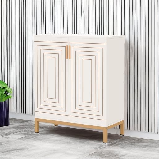 Tribesigns Shoe Cabinet with Doors, 20 Pairs Entryway Shoe Storage Cabinet with Shelves, 5-Tier Modern Free Standing Shoe Racks Storage Organizer for Closet, Living Room, Bedroom (White/Gold)