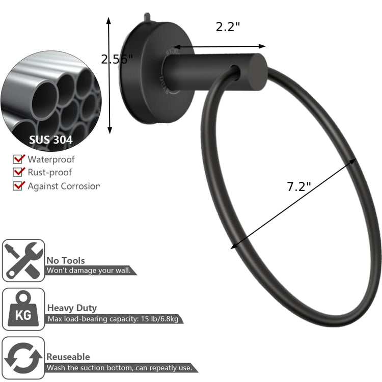 Suction Cup Towel Ring Matte Black Hand Towel Holder for Bathroom Wall SUS 304 Stainless Steel Kitchen Towel Hanger