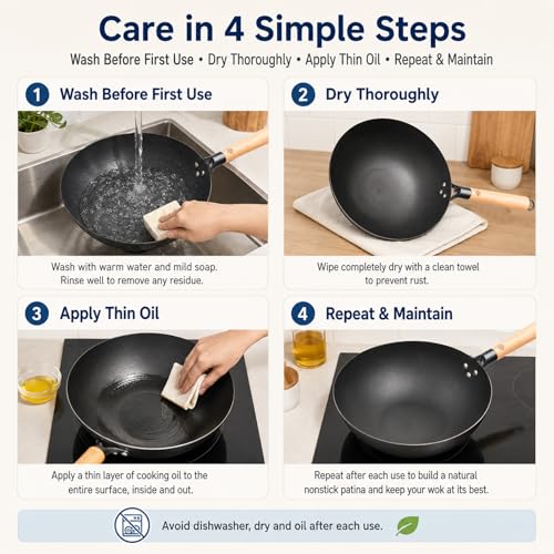 12.6 Inch Carbon Steel Wok Pan with Glass Lid and Spatula (12.59 Inch Flat Bottom)