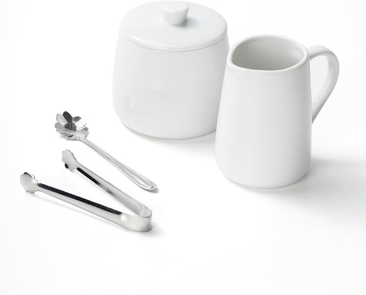 Sugar and Creamer Set, 4 Piece with Creamer Pitcher, Sugar Bowl with Lid and Spoon, Sugar Cube Tongs, for Coffee Accessories, Ceramic Coffee Serving Set