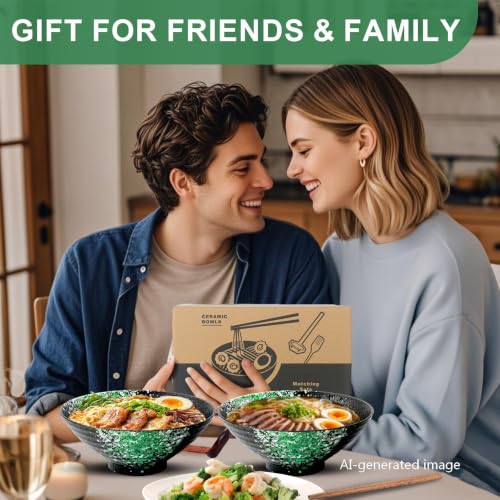 8 Inch Ramen Bowl Set 4 Large Japanese Bowls Ceramic Microwavable 16pcs (Green / 8 INCH 4 Set)
