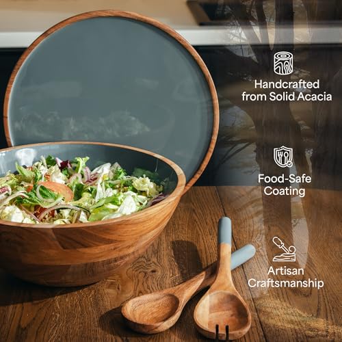 Large Wooden Salad Bowl Set 12.5 Inch with Serving Utensils (Seafoam / 12.5)