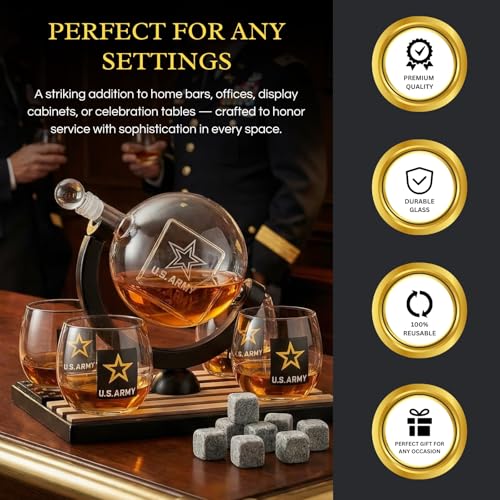 U.S. Army Globe Whiskey Decanter Set with 4 Liquor Glasses