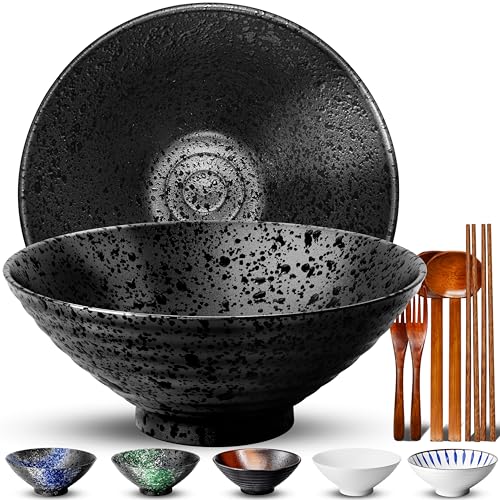 8 Inch Ramen Bowl Set 2 Large Japanese Bowls Ceramic Microwavable 8pcs (Black / 8 INCH 2 Set)