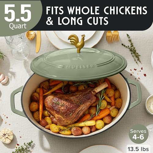 5.5 Quart Enameled Cast Iron Oval Dutch Oven w Rooster Knob & Cotton Potholders