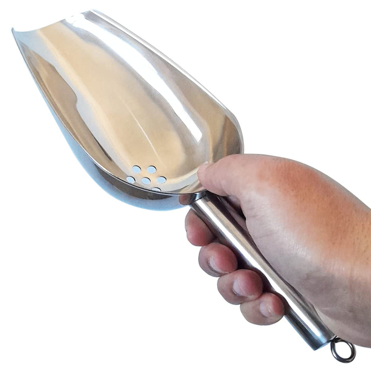 Large Ice Scoop with Holes. Stainless Steel Ice Scoop with Drain Holes to Reduce Unwanted Dilution. Heavy Duty and Dishwasher Safe. Six Ounce Capacity