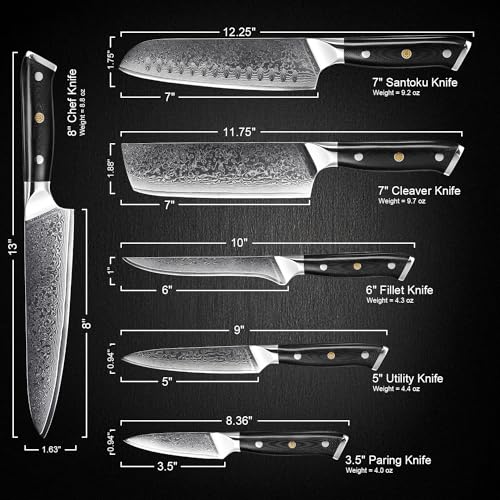 SENKEN 6 Piece Damascus Steel Kitchen Knife Set (6 Count)