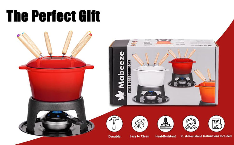 Cast Iron Fondue Pot Set Red Enameled 1.6 Qt for Cheese