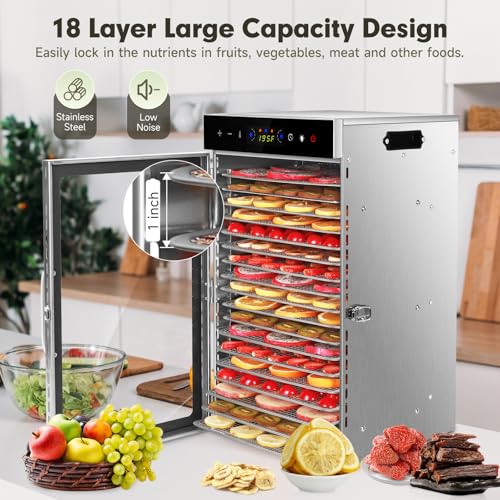 Food Dehydrator Machine 1000W 18 Trays Stainless Steel Commercial Food Dehydrated Dryer with 24H Timer Touch (18 Count)