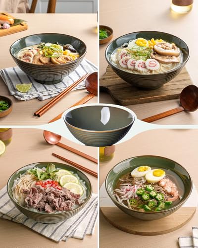 Large Japanese Ramen Bowl Set of 4 (Retro Cyan-4 Bowl Set)