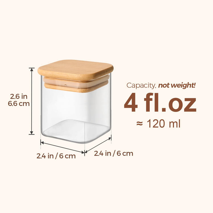 Glass Spice Jars with Labels 4 oz 16 Pack Small Square Bamboo Lids (16 Count)