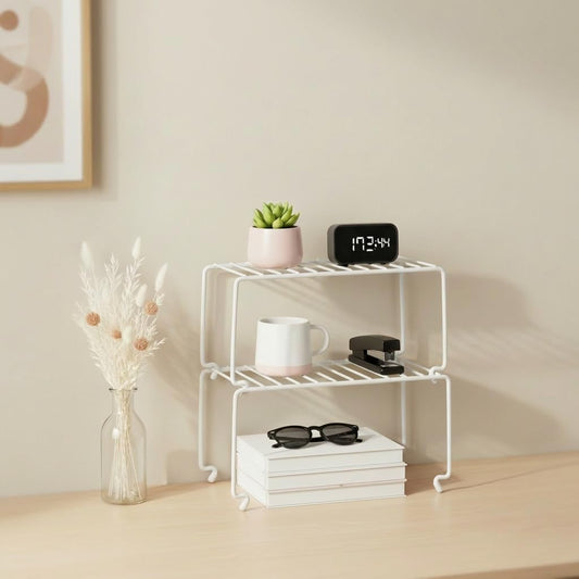 2-Pack Small (10.8x5.3inch) White Stackable Shelf Organizer Rack, Kitchen Shelves Organization for Cabinet, Pantry Organizers and Storage, Wire Shelf Rack, Desk Organizer, Rustproof (2 Count)