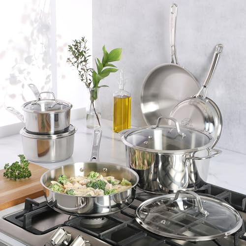 Kitchen Essentials Chef's Deck 10 Piece Stainless Steel Non Toxic Pots and Pans Kitchen Cookware Set w