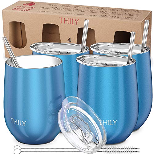 Stainless Steel Stemless Wine Glasses 4 Pack Triple Vacuum Insulated Cute Wine Tumbler Set Travel Cups with Lid (4 Pack - Sparkle Blue / 4 Count (Pack of 1))