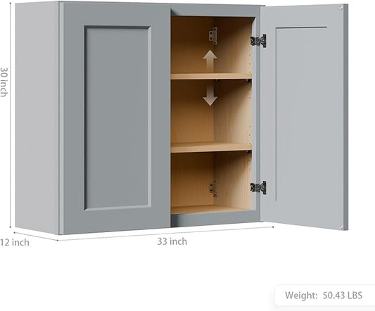 33 Inch Laundry Room Cabinets Wall Mounted, Solid Wood Over The Toilet Storage Cabinet, Bathroom Organizer Cabinets with 2 Door & Shelves, Easy to Assemble for Kitchen, Garage - Dark Gray