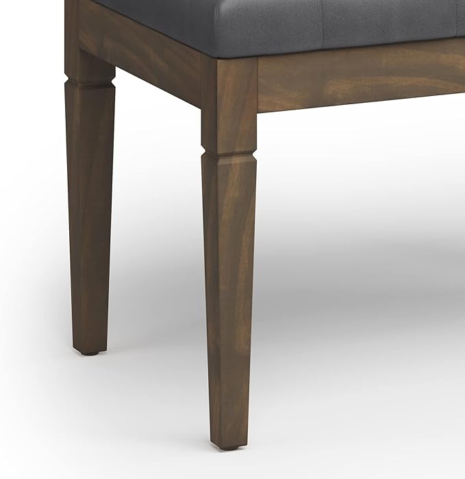 SIMPLIHOME Waverly Small Tufted Ottoman Bench - 28 inch Wide Upholstered Vegan Leather Rectangle Footstool Ottoman in Stone Grey, Traditional Bench for Bedroom or Living Room with Carved Legs