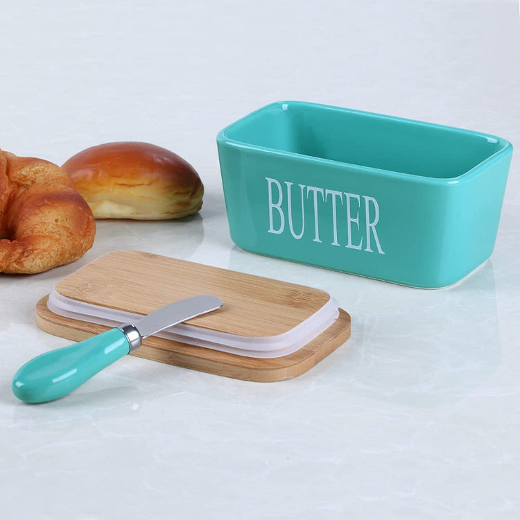 Ceramic Butter Dish with Bamboo Lid and Stainless Steel Knife Spreader