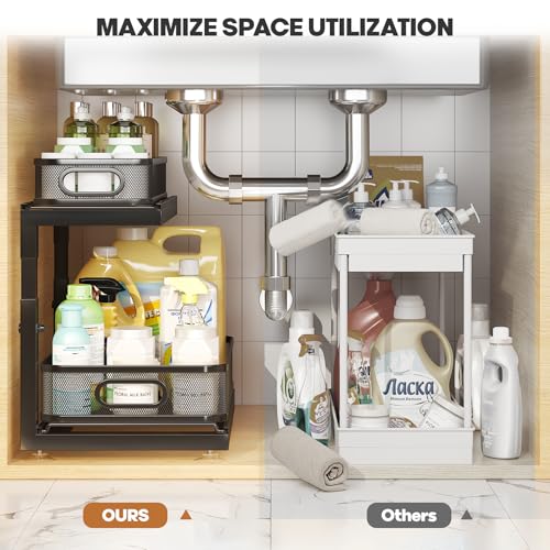 2 Pack Under Sink Storage Organizer with 2 (Black / 2 Pack-15.4"Dx11.8"-16.5"H)