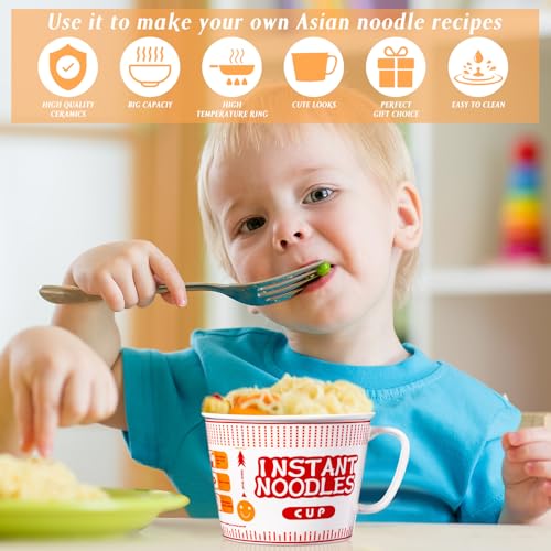 6 Pcs Japanese Ramen Bowl Set Includes 3 Pcs Instant Noodle Bowl with Lid Microwave Ramen Noodles Cup Holder 3 Pcs Silverware Set Flatware Sets for Home Office College Dorm Room (39 oz)