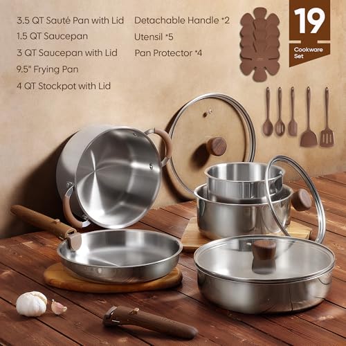 19pcs Tri Ply Stainless Steel Cookware Set with Detachable Handle