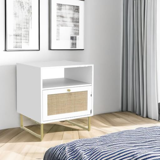 Mina Rattan Wood End Side Accent Table Nightstand with Storage for Living Room or Bedroom