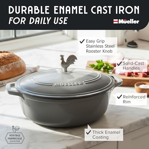 5.5 Quart Enameled Cast Iron Oval Dutch Oven with Rooster Knob & Cotton Potholders