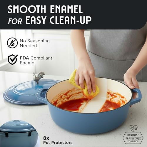 5.5 Quart Enameled Cast Iron Oval Dutch Oven w Rooster Knob & Cotton Potholders