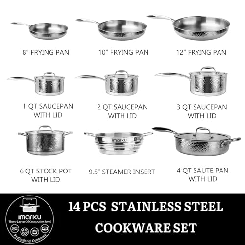 14-Piece Tri-Ply Hammered Stainless Steel Cookware Set