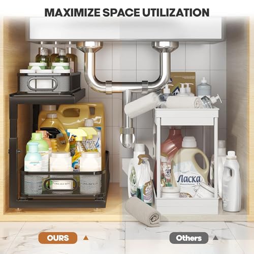 2 Pack 21.3 IN Depth Under Sink Organizer With Next (Black / 2 Pack-21.3"Dx11.8"-16.5"H)