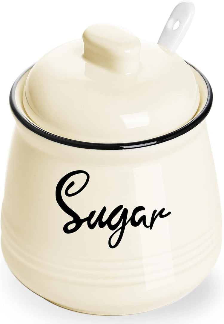 HAOTOP Farmhouse Porcelain Sugar Bowl with Lid and Spoon 12oz,Easy to Clean (Beige)