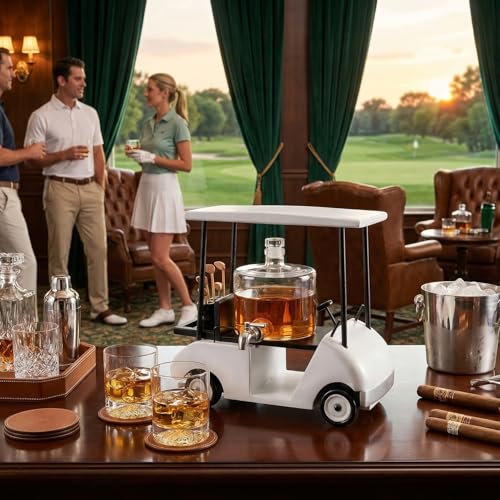 Luxury Golf Cart Whiskey Decanter Set with 2 Golfer Glasses