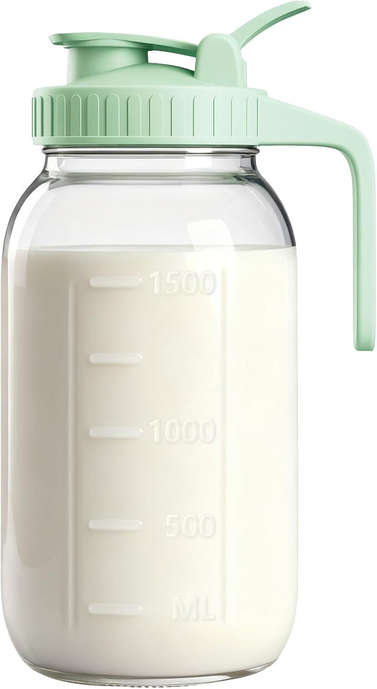 64oz Glass Breast Milk Pitcher with Lid & Pour Spout, 2 Quart Airtight Leakproof BreastMilk Fridge Storage Container - Wide Mouth, Dishwasher Safe Formula Pitcher with Handle