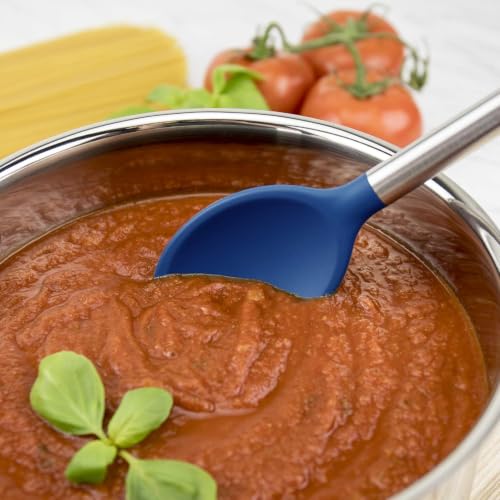 Silicone Cooking Utensil Set of 6 Stainless Steel Handle Ladle Slotted Turner Tongs Flex Core Spatula Scraper Mixing Spoon & Potato Masher (Deep Indigo)