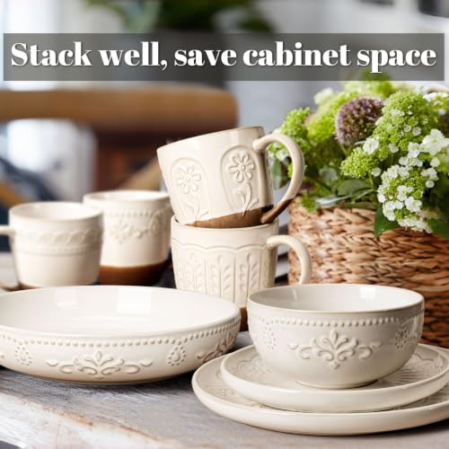 4 Piece Handcrafted Ceramic Dinnerware Set with Mugs (Damask Floral (4 Pieces) (White))
