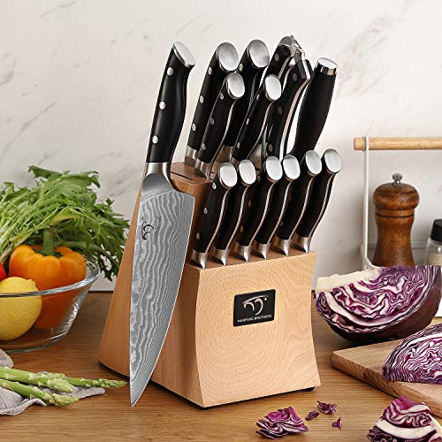 15 Piece Damascus Kitchen Knife Set with Beechwood Block