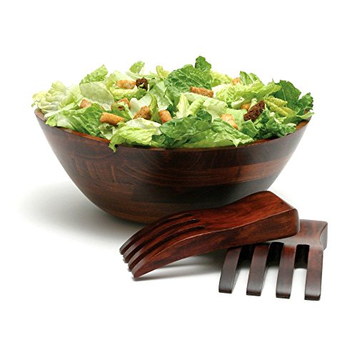 Cherry Finished Wavy Rim Serving Bowl with 2 Salad Hands (Large)