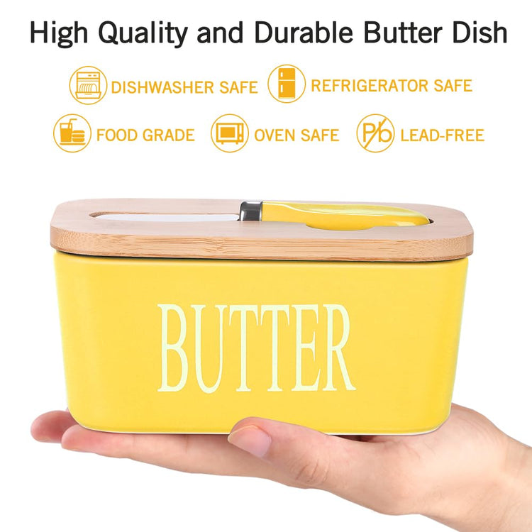 Ceramic Butter Dish with Bamboo Lid and Stainless Steel Knife Spreader