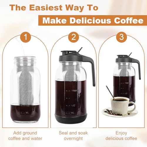 Cold Brew Coffee Maker (Black with Short Silicone Sleeve / 64 Ounces)