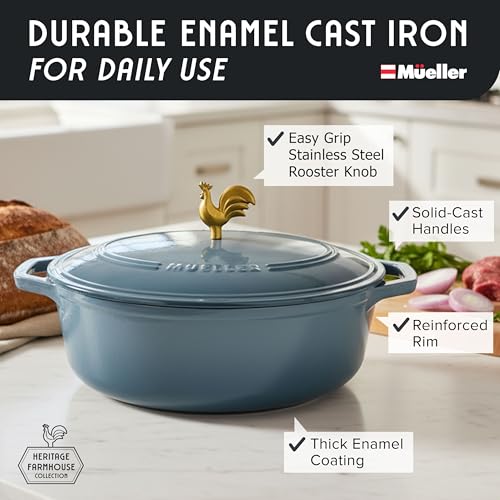 5.5 Quart Enameled Cast Iron Oval Dutch Oven w Rooster Knob & Cotton Potholders