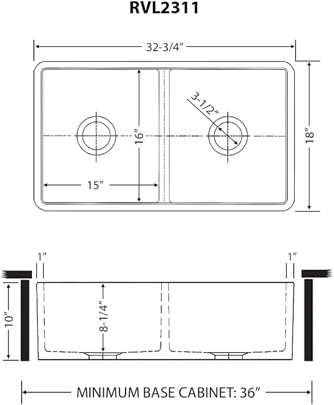 Ruvati 33-inch Fireclay Farmhouse Apron-Front Kitchen Sink Double Bowl - White - RVL2311WH