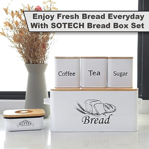 Bread Box with 3pcs Jars Coffee Sugar Tea for Kitchen Countertop White Metal Bread Box with Bamboo Board Cover Pastry Storage Container Set Kitchen decor (Bread Box with Butter Dish)