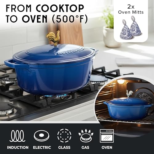 5.5 Quart Enameled Cast Iron Oval Dutch Oven w Rooster Knob & Cotton Potholders