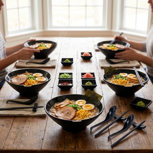 Unbreakable Melamine Ramen Bowl Set （4 piece set） (Black / Set-4)
