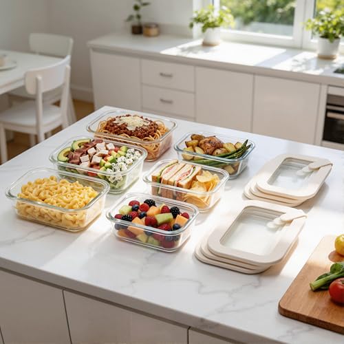 Glass Food Storage Containers with Glass Lids (Ivory White - 6RT)