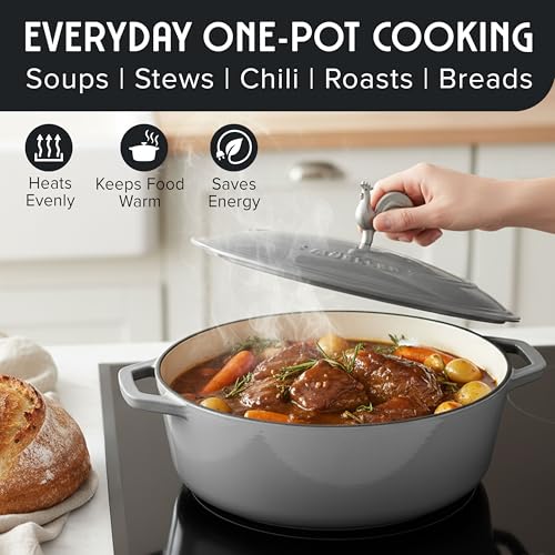 5.5 Quart Enameled Cast Iron Oval Dutch Oven with Rooster Knob & Cotton Potholders