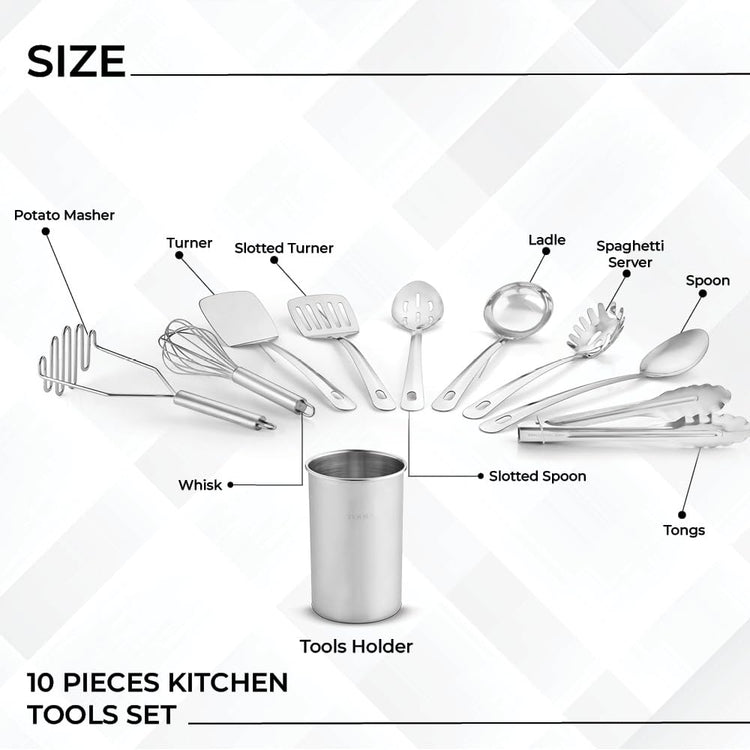 Premium Set of 10 Stainless Steel Kitchen Tool Set with Holder Easy To Clean (10 Count)