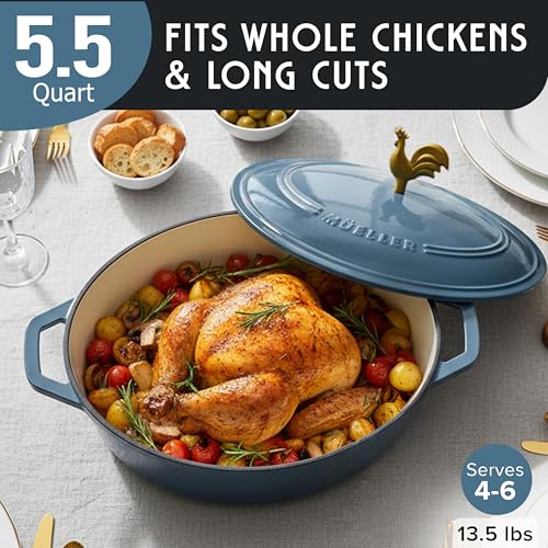 5.5 Quart Enameled Cast Iron Oval Dutch Oven w Rooster Knob & Cotton Potholders