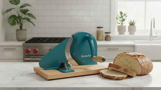 Zassenhaus Original Classic Adjustable Bread Slicer for Uniform Slices - Bread Slicer for Homemade Bread - 18/8 Stainless Steel Blade Sourdough Cutter-Water Blue 11.75" x 8"