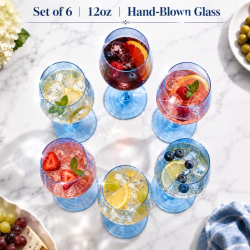 Blue Wine Glasses Set of 6 Cobalt Blue 14oz Birthday Gift for Her Women Blush Colored Tall Stemmed Unique Wine Glasses Colored Glassware Set Elegant Tableware for Parties Wedding Anniversary Home Bar (6 Count)